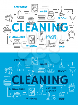 Cleaning tools and equipment for housework line art posters. Packs of detergent, broom and mop, vacuum cleaner, dishwasher and washing machine, polished window, mop and broom outline icons vector