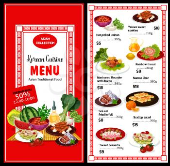 Korean cuisine menu and prices. Hot pickled Daikon, Yakwa cookies, rainbow trout and marinated flounder, sea eel fried in foil, scallop salad. Exotic Asian food sweet desserts and main courses vector