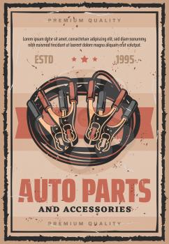 Car parts and accessories retro poster. Repair shop auto service advertisement. Jumper cable and caption nippers or pliers, vector mechanic and electric tools for transport items repairing and fix