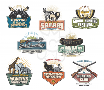 Safari hunting sport icons and signs. Real and legal safari during hunting season retro emblems, vector hunting guns. Wild African zebra and lion, giraffe elephant and rhino, capercaillie and rabbit.