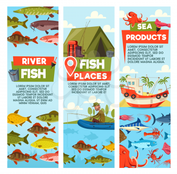 Fish places and seafood banners. Fisherman on inflatable boat and waterproof tent, bucket and rods, backpack and boots. Fishing gear and crab, octopus and shrimp, sailing boat, marine posters