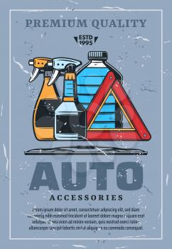 Car accessories and cleaning chemical means retro poster. Auto waterless sprayers and bottle of antifreeze, canister and give way or stop sign and janitors. Vehicle repairing and parts shop vector