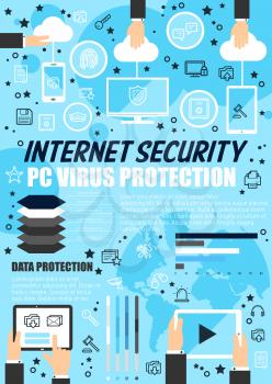 PC virus protection line art poster outline icons. Mobile devices with installed Internet security applications. Safety online for tablets and smartphones infographic icons of data storage vector
