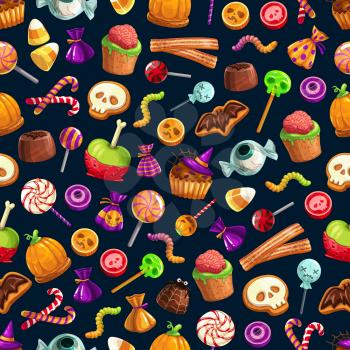Happy Halloween treats seamless pattern, candies and sweets, cupcakes and jellies or lollipops. Vector brain and worm, skull and cane, bat and eyeball. Witch hat and spider, net and pumpkin, spooky objects