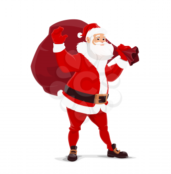 Santa Claus with bag of gifts. Vector Christmas symbolic fairy character. Elderly man with white beard in red clothes, belt and boots, mittens and coat. Winter holiday celebration