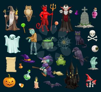 Halloween holiday scary and evil vector characters, objects. Wizard and owl, devil and vampire, grave, treat, potion, ghost and zombie, pumpkin and cat, skull and witch, frog and crow, bat and castle