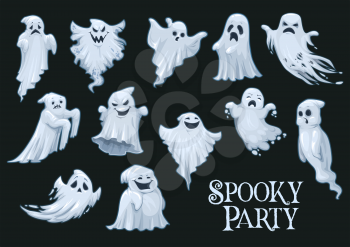 Ghosts of Halloween holiday with emotional faces. Monsters or beasts, human spirit and poltergeist on night party of evil invitation. Angry and happy, sad and surprised emotions