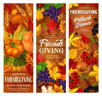 Friendsgiving potluck dinner, vector Thanksgiving Day holiday. Autumn pumpkin, yellow maple leaf and fallen foliage, grape and berry, vegetables and mushroom on the wood