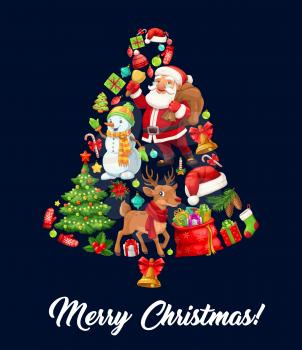 Christmas bell composed of cartoon Santa Claus, Xmas tree and gift, snowman, reindeer and candy cane, red hat, gingerbread and sock, ball, holly berry and pine cone. Winter holidays, vector