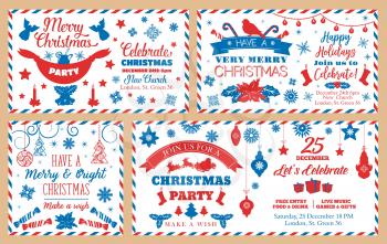 Merry Christmas envelopes, holiday party celebration. Vector New Year or Christmas tree decorations, Santa gifts sock and reindeer sleigh, snowflakes pattern and holy with candles and angels ornament