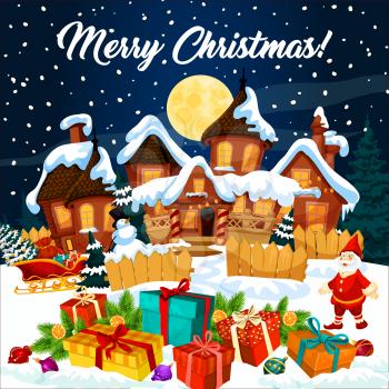 Merry Christmas greeting card design of town houses covered with snow. Vector New Year winter holidays celebration, Santa gifts on sleigh and dwarf with Xmas tree decorations