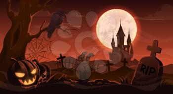 Halloween horror night cemetery with tombstone and zombie hand. Vector Halloween Trick or Treat holiday full moon graveyard with haunted castle, pumpkin skull lanterns and witch crow