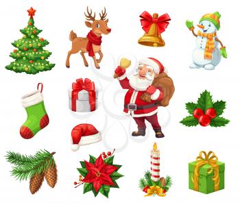 Christmas icons signs for winter holiday. Decorated Xmas tree and deer, jingle bell and snowman, stocking and gift box, Santa Claus with sack and holly berry. Cone and poinsettia flower, candle vector