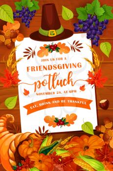 Friendsgiving Thanksgiving Day holiday autumn leaves and pumpkin on wooden background. Potluck dinner with orange foliage, cornucopia and pilgrim hat, grapes and acorn