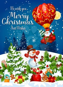 Santa Claus on air balloon, snowman with Christmas gifts, pine tree and New Year presents, red bag, snow and ribbon bow. Winter holidays cartoon characters, vector