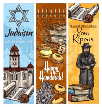 Judaism religion Hanukkah and Yom Kippur holidays symbols. Menorah, donut and dreidel, Star of David, torah and book, rabbi, synagogue and hamsa hand sketches. Jewish traditions vector design