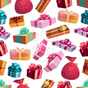 Seamless pattern of Christmas gifts, presents in wrapping paper with bow and ribbon. Vector holiday wallpaper, celebration and congratulations on birthday and Christmas. Decorative containers and Santas sack