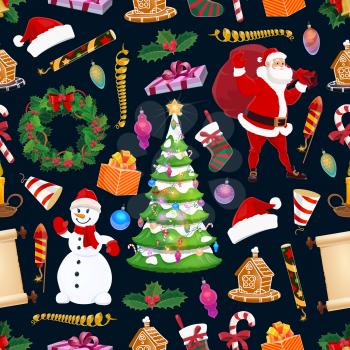 Christmas seamless pattern, winter holiday objects. Vector Santa Claus and decorated Xmas tree, sock and firework, snowman and garland. Fir wreath and gingerbread house, cane candy and cracker