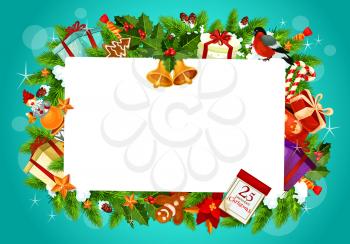 Christmas greeting frame, vector. Gifts and jingle bells, snow, cone and holly plant, gingerbread cookie and candy. Cane lollipop and bullfinch, clown toy and Xmas tree branches