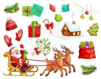 Christmas holiday characters and icons. Vector cartoon Santa Claus on reindeer sleigh with New Year gifts bag, gingerbread, mistletoe and candy cane, Xmas tree, red hat and mittens with house in snow
