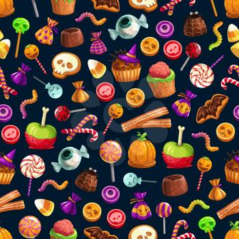 Halloween treats vector seamless pattern of candies and sweets, cupcakes and jellies or lollipops. Sweet brain and worm, skull and cane, bat and eyeball, witch hat and spider, net and pumpkin