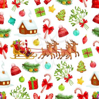 Christmas holiday seamless pattern background of Santa Claus and gifts in reindeer sleigh. Vector Xmas tree, candy canes and mistletoe, presents, gingerbread, balls and red hats. Winter holiday