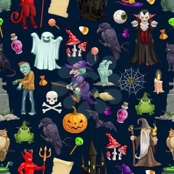 Halloween monsters vector seamless pattern. Happy Halloween holiday pumpkins and witch ghosts on trick or treat party, skeleton skull, spider, devil and vampire with dead zombie and bats