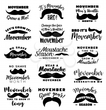 Movember season monochrome icons with lettering, no shave month. Vector male prostate cancer awareness month, vintage symbols