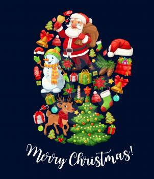 Santa glove with Christmas and New Year holidays cartoon characters. Claus and snowman with gifts, Xmas tree and reindeer, jingle bell, presents and ball, gingerbread, red hat and socks, vector design