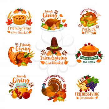 Thanksgiving Day and Friendsgiving potluck dinner icons with autumn holiday meal. Vector roasted turkey, orange pumpkin vegetable and harvest cornucopia, pilgrim hat, fallen maple leaves and fruit pie