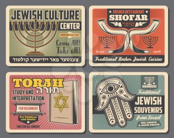 Judaism religion, jewish cuisine and culture traditional symbols. Israel torah scroll, Star of David and hebrew Hanukkah menorah, magen, hamsa hand and shofar horns. Retro vector card