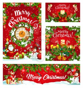 Merry Christmas greeting card or banner. Clock and Santa on snowy Christmas tree. Vector holly wreath decoration, golden bell for happy winter holidays on red snow background