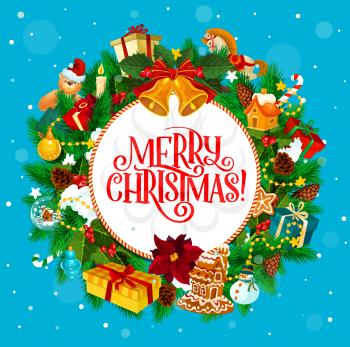 Christmas holiday round greetings with fir wreath and presents. Vector jingle bells and gift boxes, toys and gingerbread house, decorations, Xmas tree and toys. Holly berry and cane candy, cones