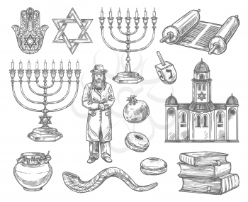 Judaism religion sketches with vector symbols of jewish holidays. Hanukkah menorah, Rosh Hashanah shofar, honey, donut and pomegranate, David Star, torah and dreidel, rabbi, synagogue, book and hamsa