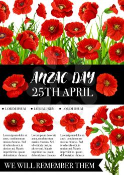Anzac Day memorial banner with red poppy field and black ribbon. Australian and New Zealand Army Corps Remembrance Day floral poster with blooming flower and We Will Remember Them text