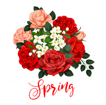 Springtime rose flowers bunch and lily blossom icon for spring time holiday season quote or wish greeting card. Vector springtime floral bouquet of blooming red and pink roses fro love design