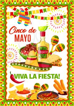 Cinco de Mayo Mexican party or Mexico traditional holiday fiesta greeting card. Vector design of Mexico flags, jalapeno pepper or avocado and tacos, sombrero and maracas for Cinco de Mayo celebration