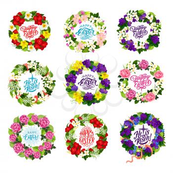 Happy Easter holiday icons of spring flowers bunches and crucifix cross for Christian traditional religious celebration. Vector blooming crocus, tulip and rose wreath for Easter greeting card design