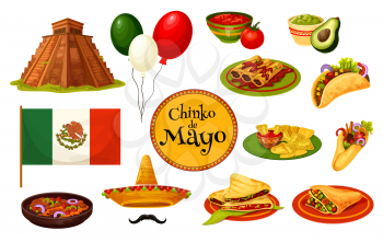 Cinco de Mayo mexican holiday traditional symbol with festive food and flag. Latin American fiesta party sombrero, chili pepper and jalapeno, avocado guacamole, nacho, taco and tortilla
