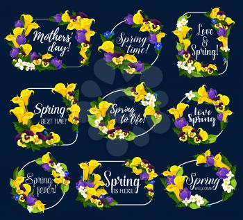 Springtime flowers bouquets floral icons. Vector set of blooming orchids, calla lily and crocuses in frame for spring time seasonal wish and quotes for Welcome Spring holiday season