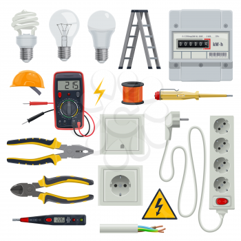 Set of professional electrician tools. Pliers for stripping wire or pliers, wire cutters and screwdrivers, multimeter or digital clamp meter, electrical tape. Electrician icons set vector stairs, bulb, helmet, power socket, switch, electric meter.