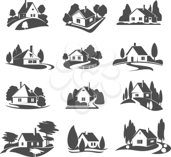 Real estate company vector icons of house or village in forest or woodland park. Vector isolated symbols of maison buildings with roof in park landscape for real estate or construction agency