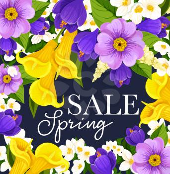 Spring sale poster design for springtime seasonal shopping discount promo. Vector blooming daffodils, tulips and crocuses or calla lily flowers bouquet in bloom for store sale