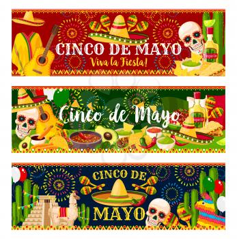 Cinco de Mayo fiesta celebration banners of tequila, jalapeno pepper or cactus and guitar. Vector traditional burrito and guacamole avocado for 5 May Cinco de Mayo Mexican holiday greeting card design