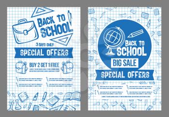 Back to School sale and special offer posters set of stationery pattern on checkered blue ink background. Vector web banners design of school book, pencil or globe and ruler for autumn shop discount