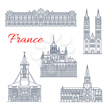 Travel landmark of France thin line icon of french architecture. Treguier Cathedral, City Hall of Toulouse and Abbey of St Etienne, Bayeux Cathedral and Church of St Catherine for tourism design