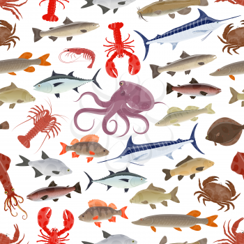 Fish and seafood seamless pattern background with sea and ocean animal. Salmon, crab and octopus, shrimp, squid and lobster, marlin, tuna and carp, trout, bream and perch, pike, sprat and flounder