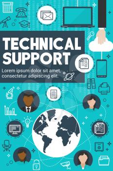 Technical support banner for customer service concept. Globe, surrounded with operator avatars, computer and mobile phone, e-mail, idea light bulb and cloud storage icon for call center theme design
