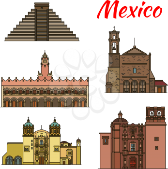 Travel landmark of Mexican and North American architecture icon set. Ancient Aztec Pyramid of Chichen Itza, Merida City Hall and Sacromonte Church, Monastery of Santo Domingo and Saint Augustin Church