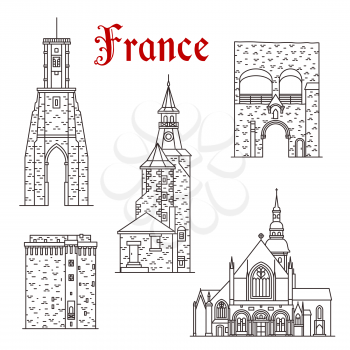 French travel landmark of Dinan and Calais town thin line icon set. Ancient St Sauveur Basilica with Clock and Bell Tower, Jerzual Gate and Watchtower for tourism themes and travel guide design